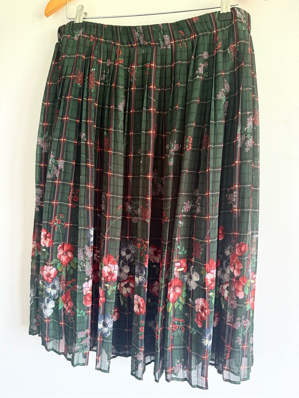 Zara Trafaluc Collection Hunter Green Pleaded Plaid Midi Skirt with Floral Hem